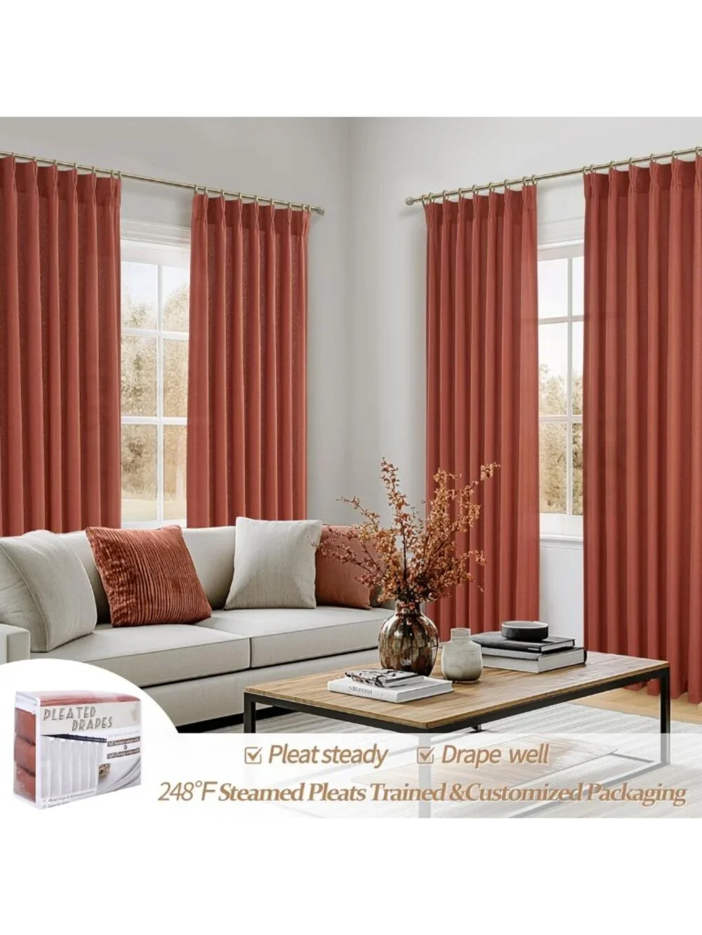 Extra Long Burnt Orange Sheer Curtains 108” | Luxury Light Filtering Drapes for